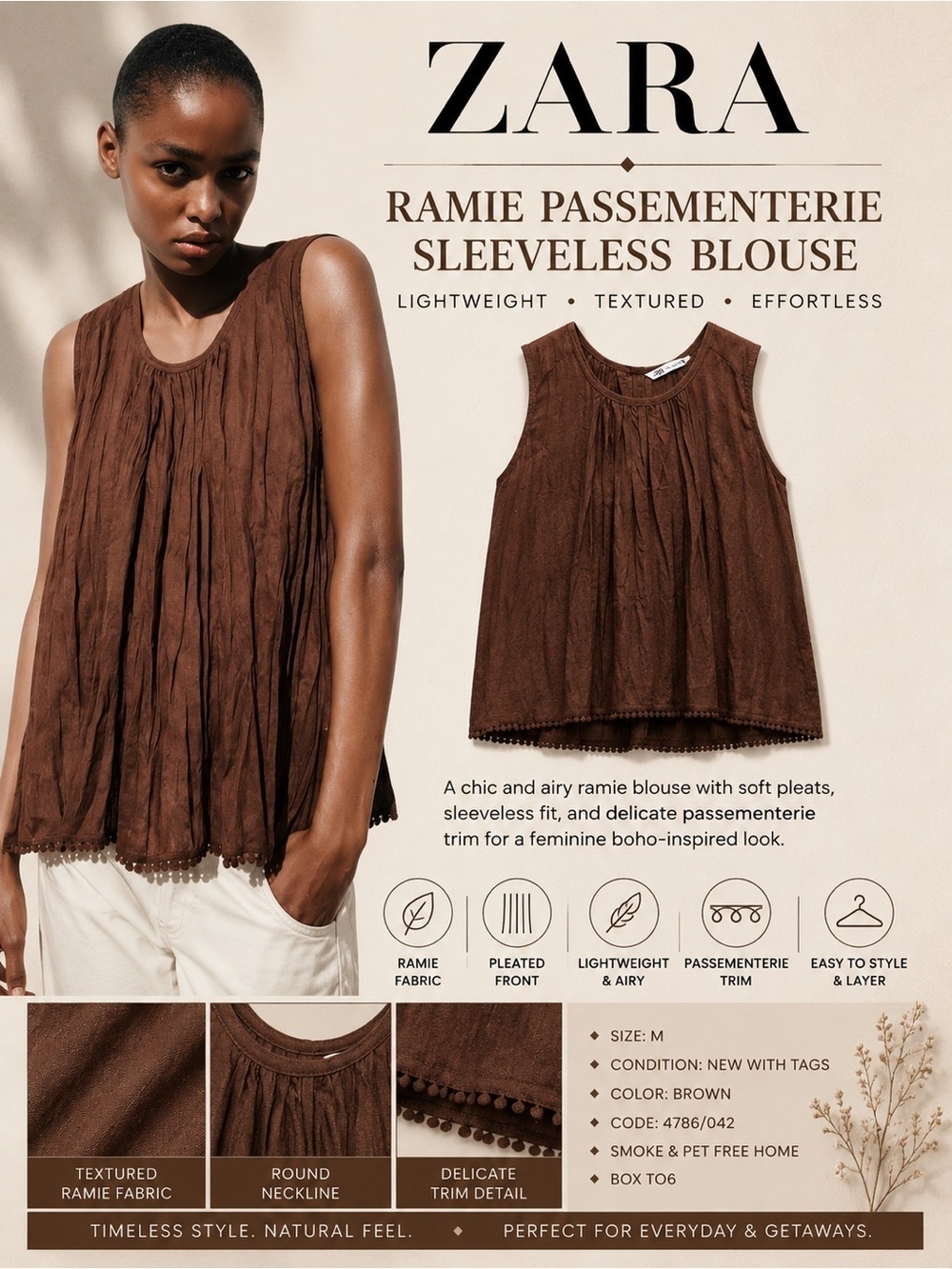 ZARA Brown Ramie Passementerie Sleeveless Blouse NWT M
